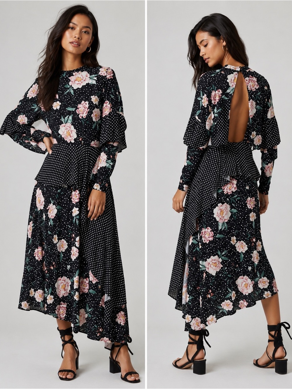 NEW ASOS Black Mixed Print Deconstructed Midi Tea Dress with Open Back Size 10